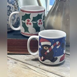 Vintage Grant Howard Holiday Coffee Mugs Bear/Holly. Stamped Korea Nostalgic 70s